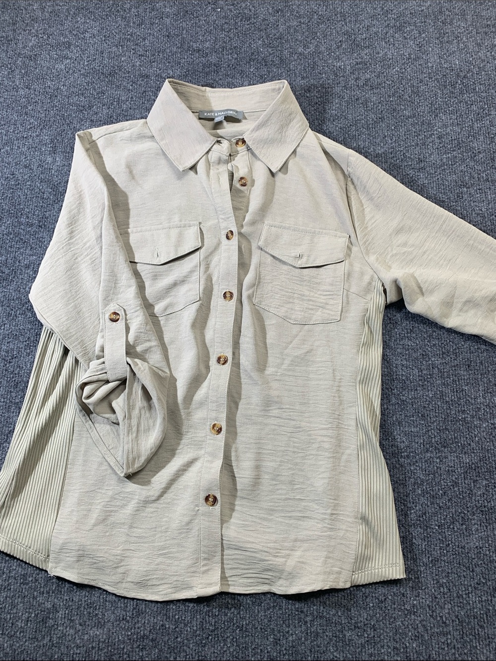 Kate & Mallory Beige Button-Front Collared Shirt with Chest Pockets